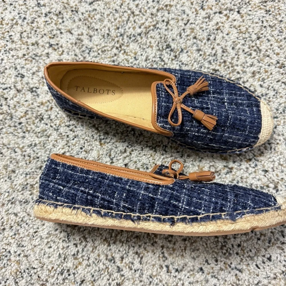 Talbots Izzy Tassel Espadrilles Boucle Womens 6.5 Blue Tan Brown Shoes Preppy